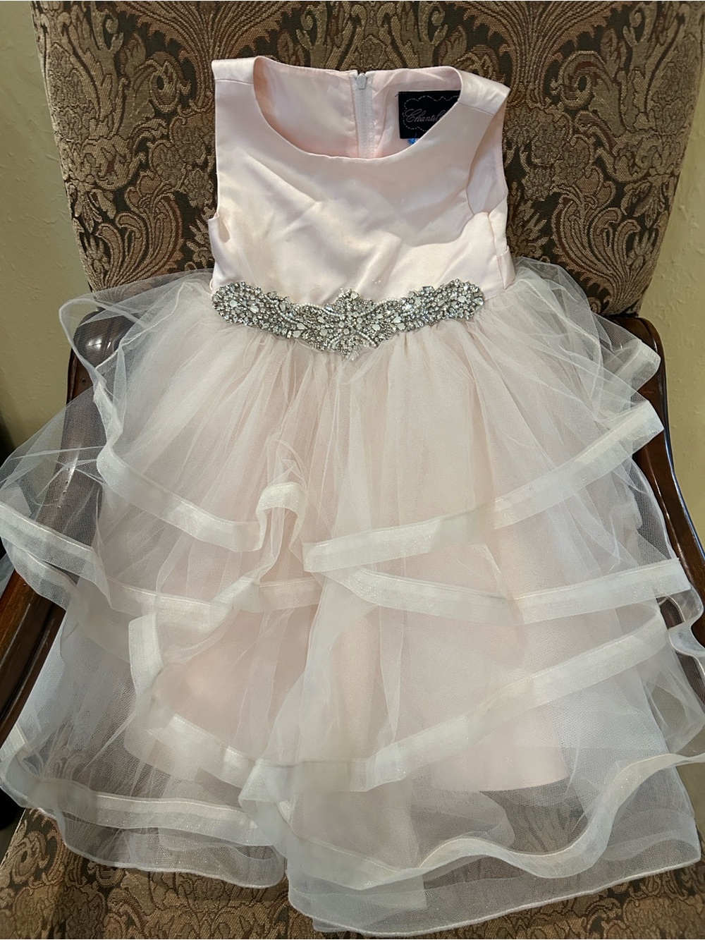 Chantilly Place Light Pink Tulle Dress with Jeweled Waist for Girls